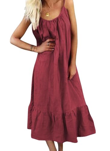 Image of chouyatou Women's Cotton Linen Spaghetti Strap Beach Dress Casual Loose A-Line Midi Long Sundress