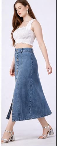 Image of Western Regular Fit Comfortable Long Two Button Up Dobby Denim Skirt for Girls & Women