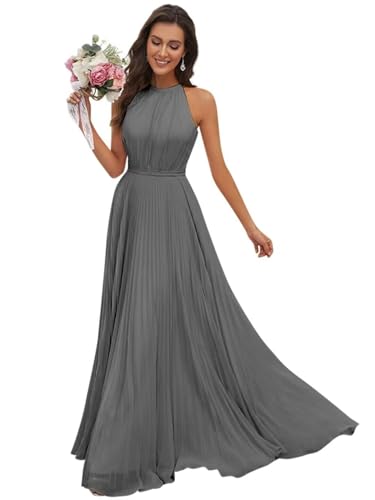 Women's Halter Bridesmaid Dresses Long Flowy A-Line Chiffon Ruffles Formal Evening Gown with Pockets
