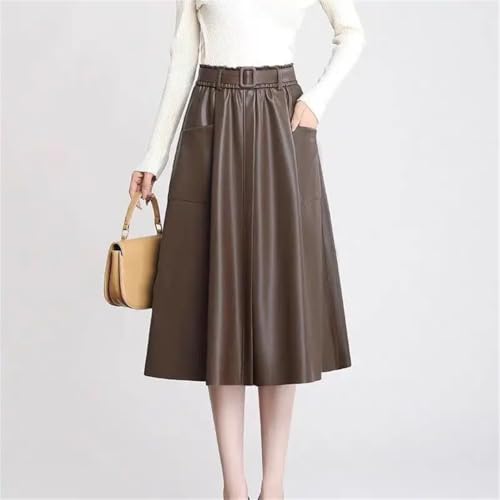 Women Pocket Pu Leather Skirt Elatic Waist A-Line Long Skirt Casual Wth Belts Skirts2