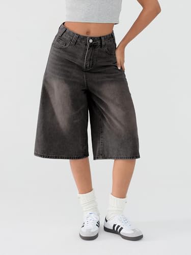 EMMIOL Women Jean Jorts Baggy Loose Fit Jean Shorts 2026 Summer Trendy Wide Leg Long Denim Shorts Y2K Clothes, Black, 12