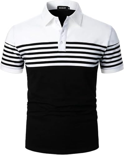 YCUEUST Men's Cotton Striped Short Sleeve Polo Shirt Fashion Casual T-Shirt Top White-Black S