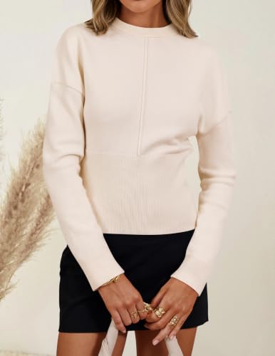 Image of ZESICA Women's Fall Sweaters Crewneck Cinched Waist Pullover Tops