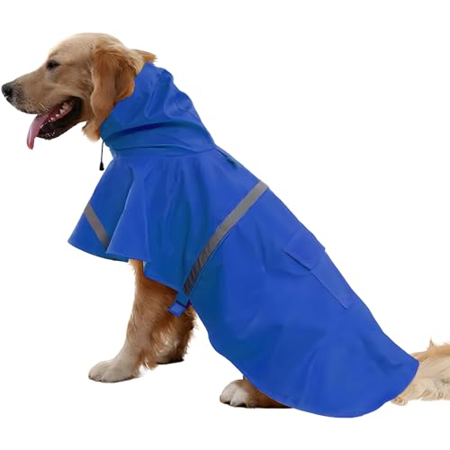 NACOCO Large Dog Raincoat Adjustable Pet Water Proof Clothes Lightweight Rain Jacket Poncho Hoodies with Strip Reflective (L, Blue)
