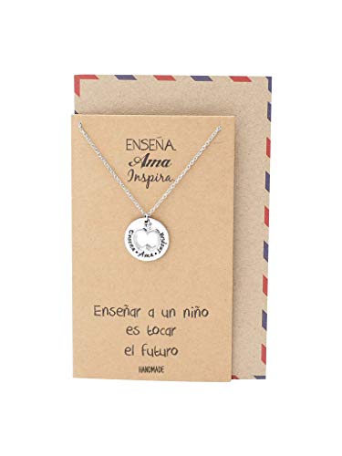 Quan Jewelry Best Gifts For Teachers In Spanish Apple Jewelry Enseña Ama Inspira Engraving On Pendant, Latin Engraved Necklace And Greeting Card (Silver Tone) #TOP30