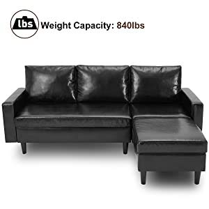 YODOLLA Convertible Sectional Sofa Couch, L-Shaped Sofa Couch with Modern Faux Leather, Black Sectional for Small Space - Thumbnail 6