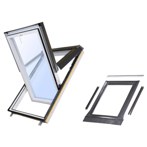SkyLight Fenêtre de toit en plastique 114 x 118 cm avec cadre de couverture, Uw 1,4 / Ug 1,0, 3 fonctions d'ouverture, résistant à l'humidité, avec kit...