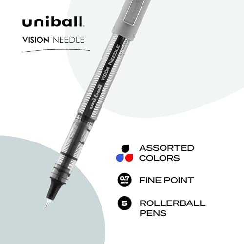 uni-ball Vision Needle Rollerball Pens, Fine Point (0.7mm), Assorted Colors, 5 Count