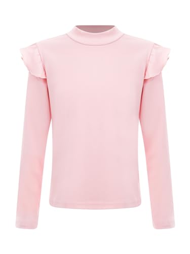 TTAO Kids Girls Thermal Underwear Tops Ruffles Long Sleeve Dance Ballet Yoga Training T-Shirts Dancewear Pink 5-6 Years