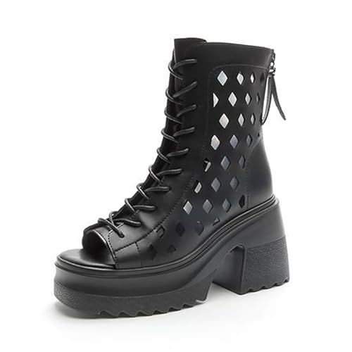 Women's Leather Hollow Round Toe Open Toe Platform Chunky Heel Ankle Boot Sandals Fashion Back Zipper Breathable Wedge High Top Rome Sandals Summer Casual Comfort Anti-Slip Sandals