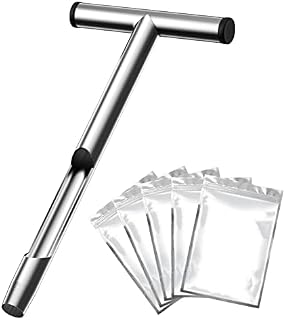 Roylvan Soil Sampler Probe Tool 13 Inch, T-Shape Handle Stainless Steel Soil Test Kits Sampling Tool with 5 Portable Reusable Sample Bags for Gardening Lawn Care, Silver