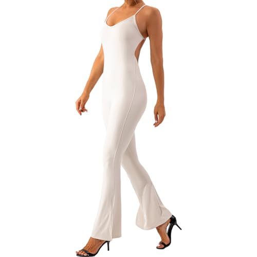 YILKOO Femmes Strappy Dos Nu Combinaisons, Une pièce Combinaisons Sexy sans Manches, Bretelles Spaghetti col Rond Moulant(White,Small)