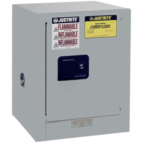 Justrite 4 Gallon Manual Close Countertop Flammable Storage Cabinet, 18 Gauge Steel, 1 Shelf, 1 Door Fire Cabinet, 22" x 17" x 17", Made in The USA, Gray, 890403