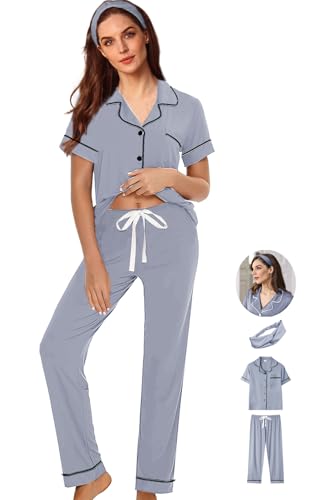 Image of WJing Yi Jia 3Pcs Soft Pajama Sets For Women XS-XXL Womens Pajamas Set Sleepwear Button Down Short Sleeve Long Pants Pj sets