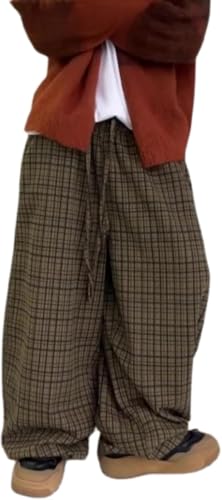 CUTEGAL Gingham Plaid Pants for Men Hip Hop Wide Leg Baggy Trousers with Drawstring Elastic Waist Pockets Streetwear