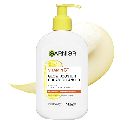 Garnier Gesichtsreinigung für fahle, unebenmäßige Haut, Reinigend und feuchtigkeitsspendend, Mit Vitamin C und Glycerin, Vegane Formel, Glow Booster Cream Cleanser Vitamin C, SkinActive, 250 ml