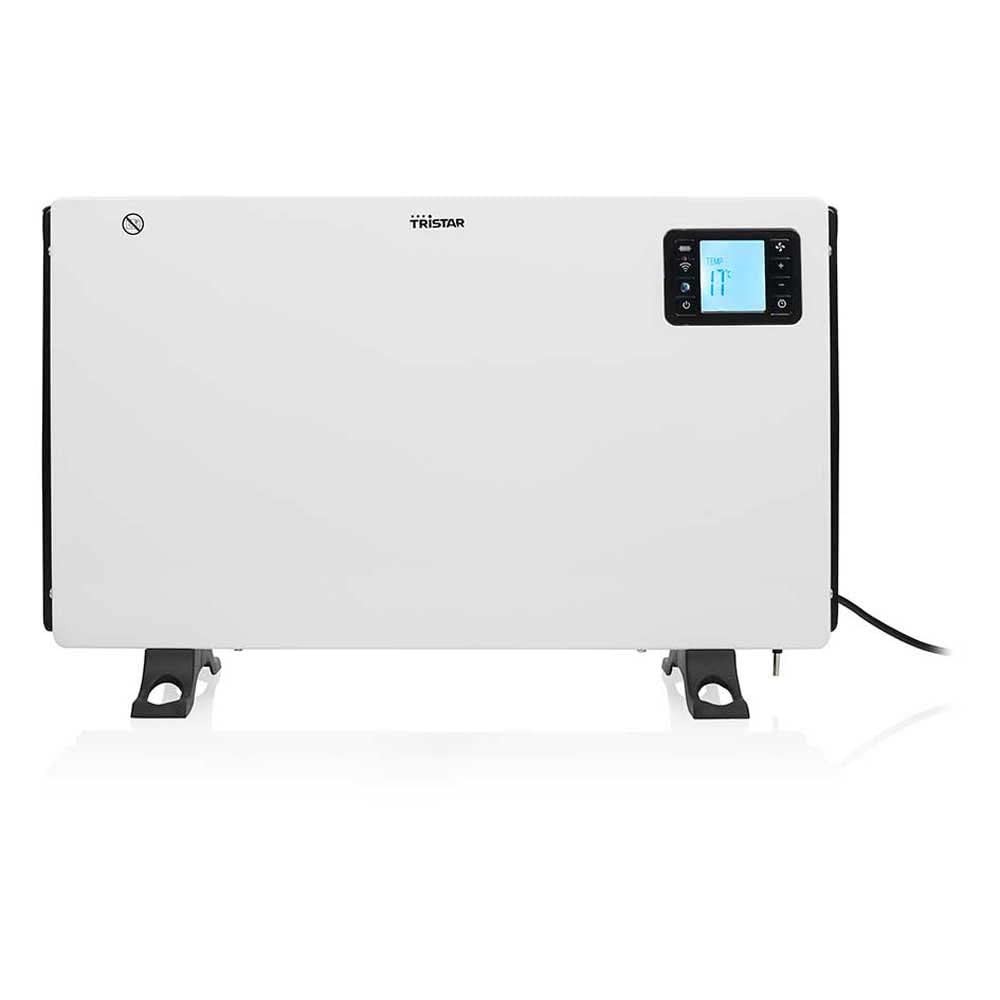 Ġenb view of Tristar KA-5819 convector heater showing the power switch, air vents, and stable feet.