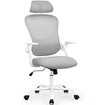 Sweetcrispy Office Computer Desk Chair, Ergonomic High-Back Mesh Rolling Work Chairs with Wheels and Adjustable Headrests, Comfortable Lumbar Support, Comfy Flip-up Arms for Home,Bedroom, Modern Grey