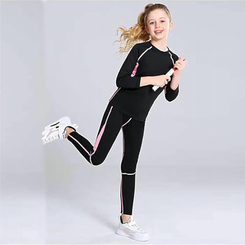 linboo Mädchen Sportanzug 2tlg Yoga Anzug mit Langen Ärmeln und Hosen, Elastisch, Outdoor eng anliegende Tanz- und Fitnessbekleidung für Kinder, Rosa, Herstellergröße：130 Geeignete 128-134