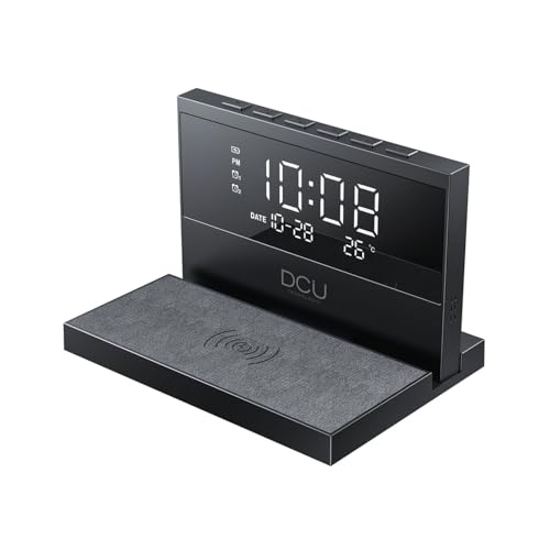 DCU TECNOLOGIC - Reloj Despertador de Sobremesa - Carga Rápida Inalámbrica - Luz Nocturna Ajustable - 2 Alarmas Personalizables