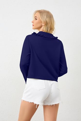 Image of Women Ruffle Collar Button Down Cropped Cardigan Long Sleeve Open Front Knit Sweaters Peplum Sweater Crop Jacket Tops