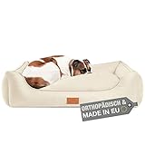 FREUDENTIER® orthopädisches Hundebett XL mit Memory Foam, Made in EU & Oeko Tex Zertifiziert, waschbar & pflegeleicht, edles Kunstleder, Hundekorb für große Hunde (124x93cm, Sand)