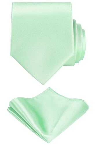 TIE G Solid Satin Woven dyed Color Formal Black Necktie and Pocket Square Sets in Gift Box (Mint)