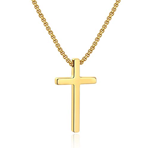 Ursteel Cross Chain for Men, Gold Plated Cross Chain Stainless Steel Gold Cross Necklace Men 30 Inch, Confirmation Gifts for Teenage Boys Son