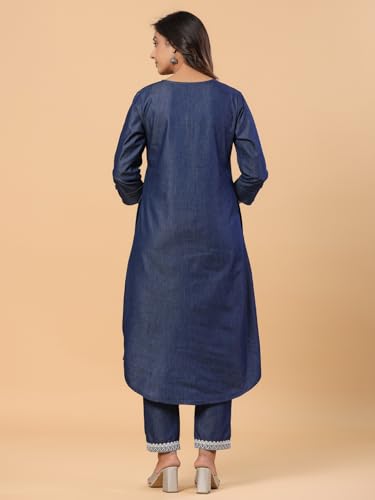 Image of SAVI Women's Blue Denim Embroidered Kurta | Round Neck Front Button A-Line Kurti with 3 /4 Sleeves | Ethnic Casual Wear