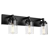 MELUCEE Vintage Bathroom Lighting Fixtures Over Mirror, 3-Light Modern Vanity Lights Black Finish Industrial Wall Sconce with Clear Glass Shade