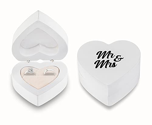 Strova Heart Shaped Wooden Ring Box for Wedding Rings and Jewelry - Engraved Mr. & Mrs. Lettering - Ring Bearer Box for Display or Personal Organizer – Protective Ring Cushions and Magnetic Closure