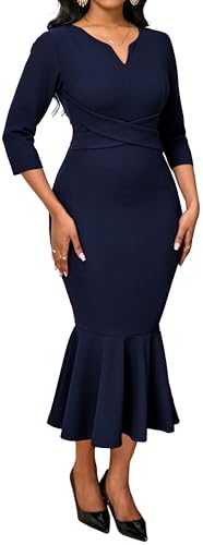 Image of Elegant Dress for Women Sexy V Neck Long Sleeve Bodycon Midi Fishtail Dresses