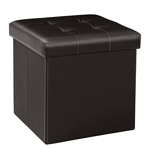 Bonlife Ottoman Storage Box, Folding Small Foot Rest, Stool with Storage, Foostool for Living Room, Bedroom, Faux Leather, Brown, 32x32x32cm