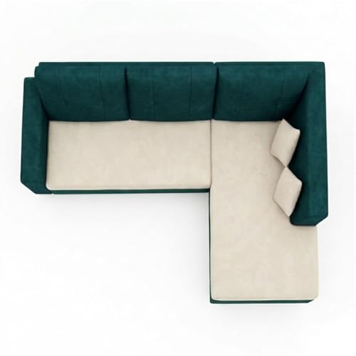 Image of FURNY Nathan 4 Seater L Shape Sofa Set RHS (Green Teal-Cream) | Suede Velvet Finish | Durable Comfort Sofa for Modern Living Room & Office Spaces