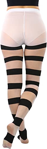 Image of ToBeInStyle Women's Wide Horizontal Contrast Stripe Tights Opaque Hosiery