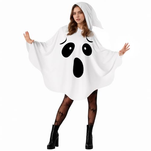 Disfarce fantasma de Halloween para mulher, tamanho grande, capa de fantasma branca com capuz para Halloween, reunião familiar, máscara, festa de Cosplay, fantasia elegante