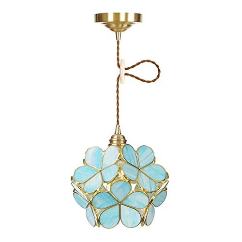 Lustre en cuivre doré abat-jour verre teinté bleu suspendu 8 pouces