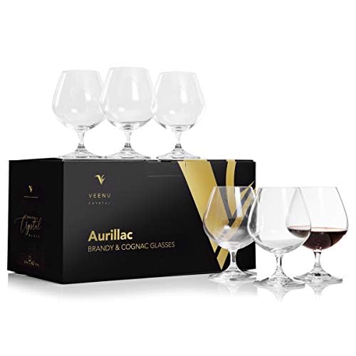 VC Veenu Crystal Aurillac Brandy Snifter Cognac Glass Set of 6 | Port Glasses for Brandy, Cognac, Whiskey | Bohemia Crystal 100% Lead-Free 13.52 Oz (400 ML)