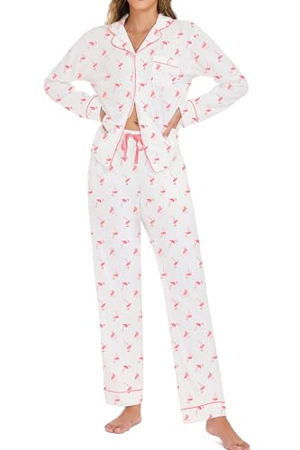 Image of LUBOT 100% Cotton Pajamas for Women Pajama Set 2 Piece PJ Sleepwear Set Soft Ladies Button Knit Long Sleeve Loungewear XS-XXL