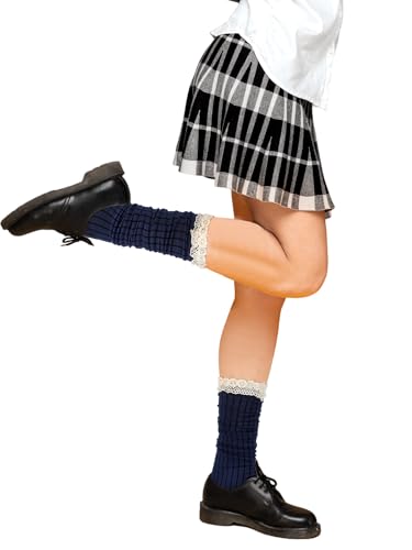 3 Pairs Women Cotton Knit Boot Socks Knee High Stockings with Lace Trim Slouch Stacked Scrunch Socks Free size2