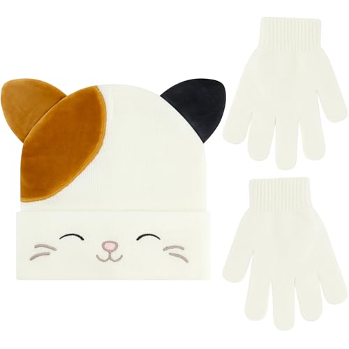 Squishmallows Cam Beanie Hat and Gloves Set, Girls Cuffed Winter Knit Cap with Ears and Matching Mittens, Ivory, One Size