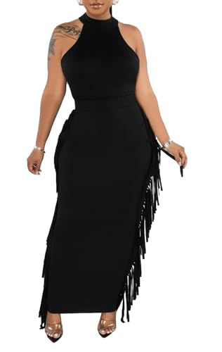 Image of 2 Piece Outfits for Women Sexy Halter Neck Sleeveless Crop Tops Ruched Bodycon Dresses Jumpsuits Fringe Skirt Sets