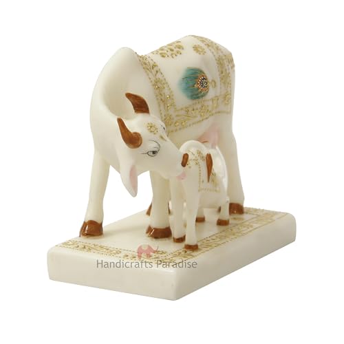 Image of Handicrafts Paradise Cultured Marble Hand Made Painted Kamadhenu Cow Baby, Animal Figurine 4.3 Inch