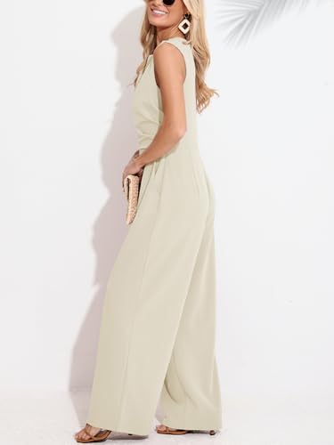CUPSHE Damen Jumpsuit Rundhals Ärmellos Overall Plissee Weite Beine Playsuit mit Taschen Elegant Hosenanzug