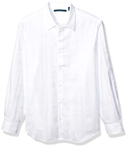 Perry Ellis Men's Long Sleeve Sateen Plaid Shirt, Bright White, Large
