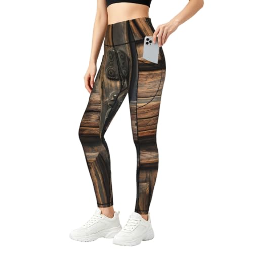 Leggings rústicos con estampado de puerta de madera antigua y textura visual para mujer
