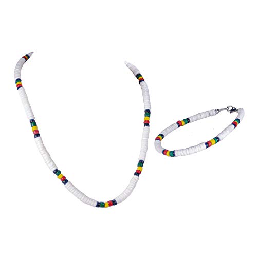 BlueRica Puka Shell and Coconut Shell Beads Necklace and Anklet, Rasta Jewelry Set