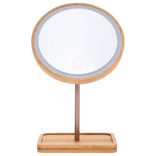 Espejo de maquillaje LED de madera Toyvian con batería y bandeja para mesa tocador 2