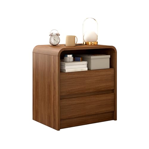 Walnut Nightstand with Charging Station, 21 Inch Wide Night Stand with Deep Drawers, Modern Bedroom Bedside End Table with Rounded Corners Anti-Collision Design for Dorm, Sofa, Office