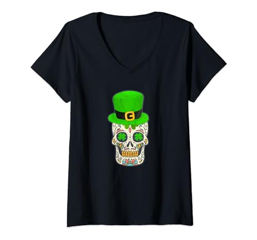 Donna Sugar Skull Saint Patricks Day Of Dead Lucky Halloween Irlandese Maglietta con Collo a V